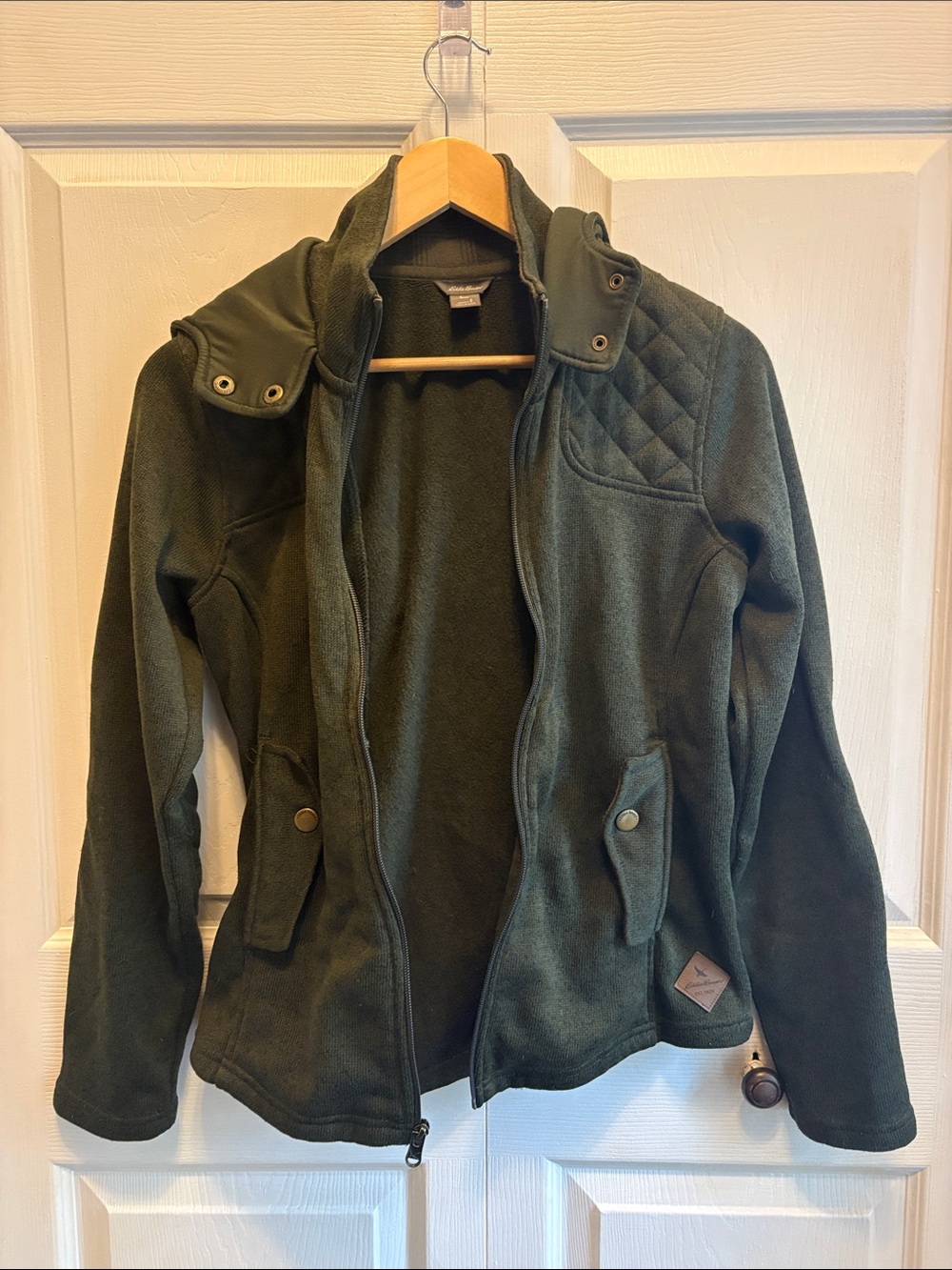 Eddie Bauer Olive Green Quilted Fleece Jacket with Snap Hood - Picture 6 of 13